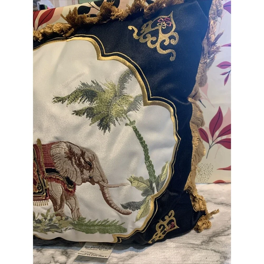 Fringe & Embroidered Elephant India Background Pillow BEAUTIFUL 16x16